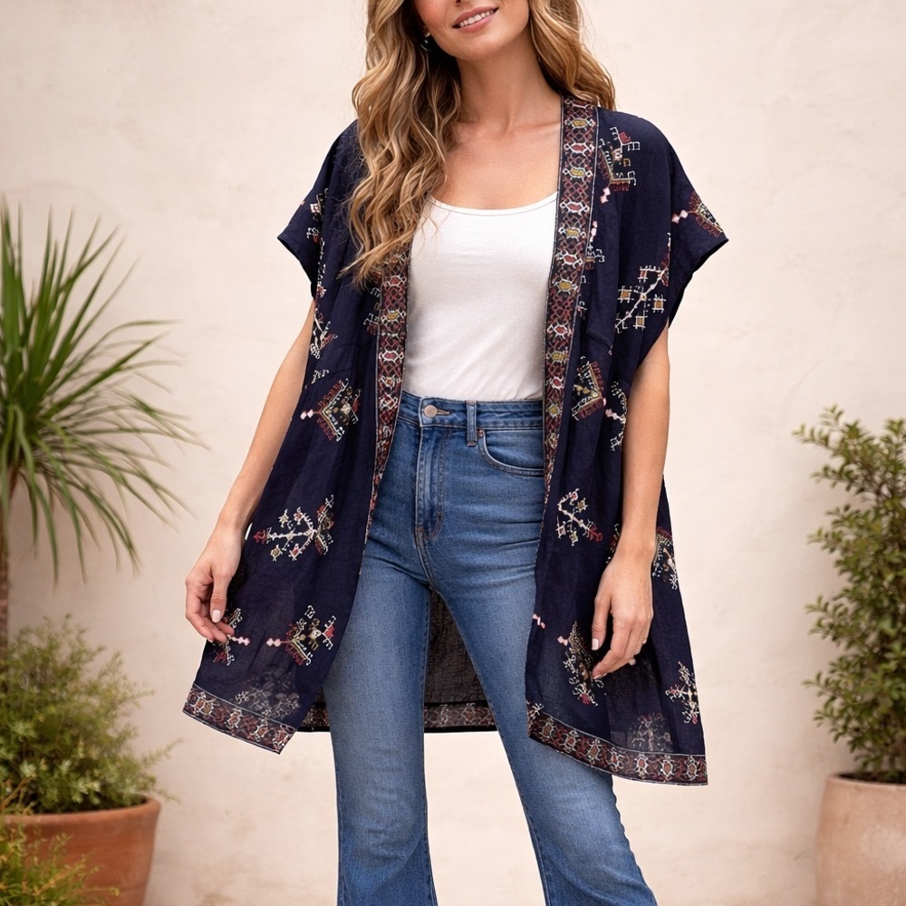 Madewell Navy Aztek Embroidered Open Kimono M/L